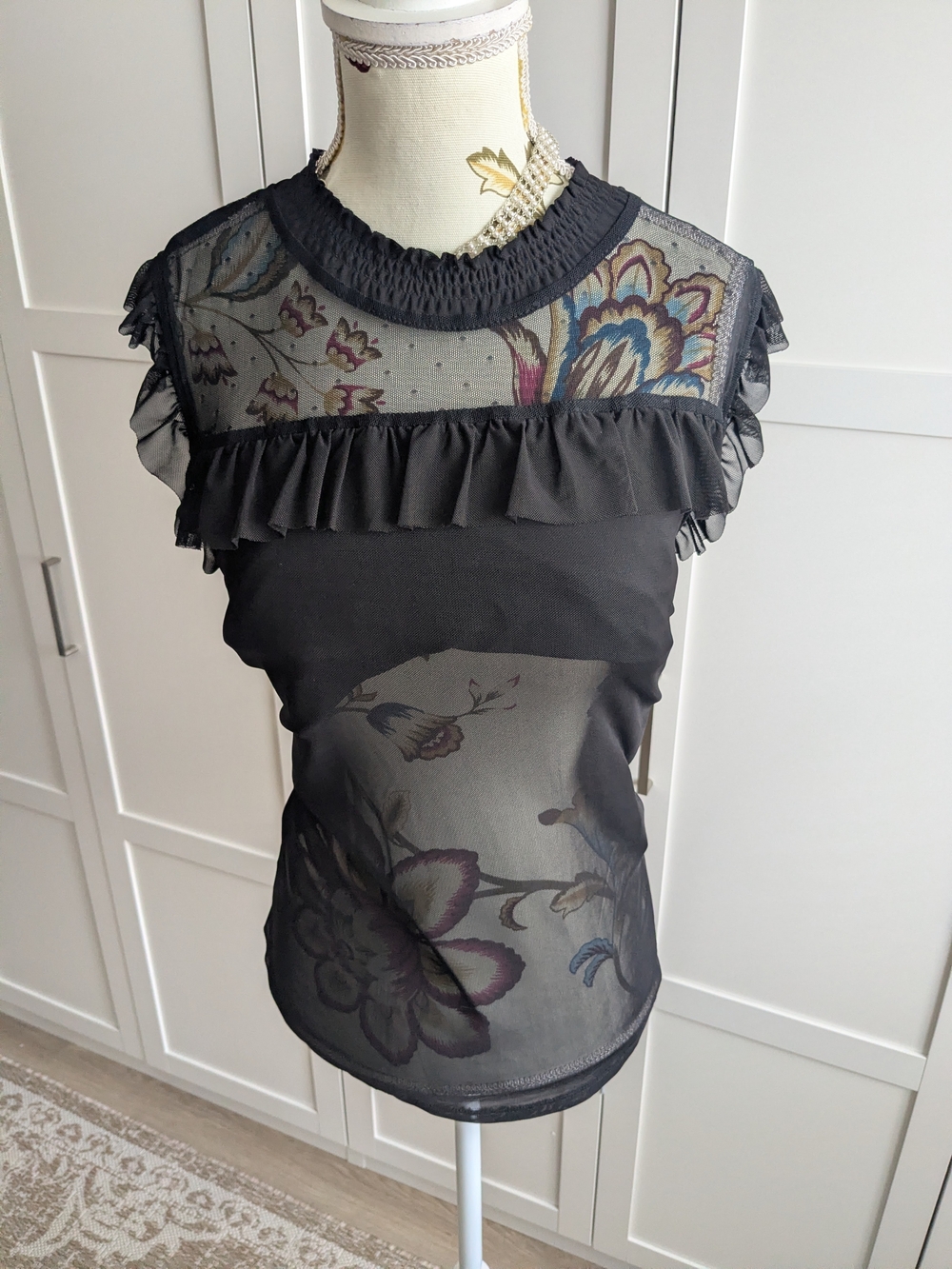 Streetwear Society Black Sheer Floral Ruffle Mock Neck Camisole